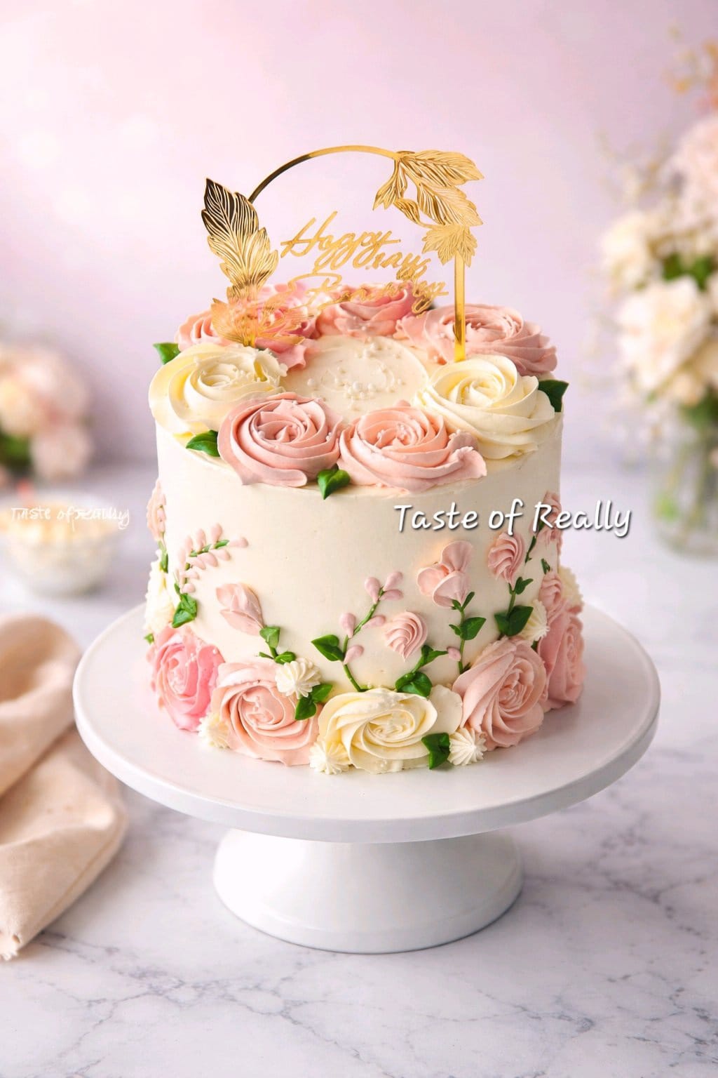 Elegant Floral Buttercream Birthday Cake