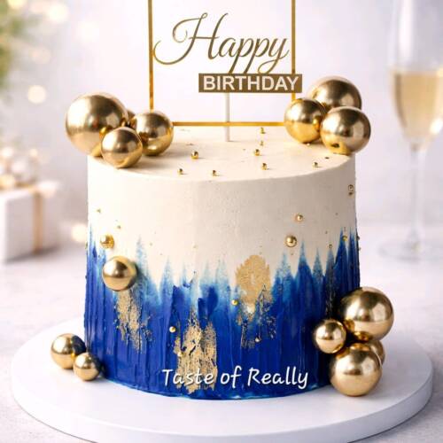 Elegant Blue & Gold Birthday Cake