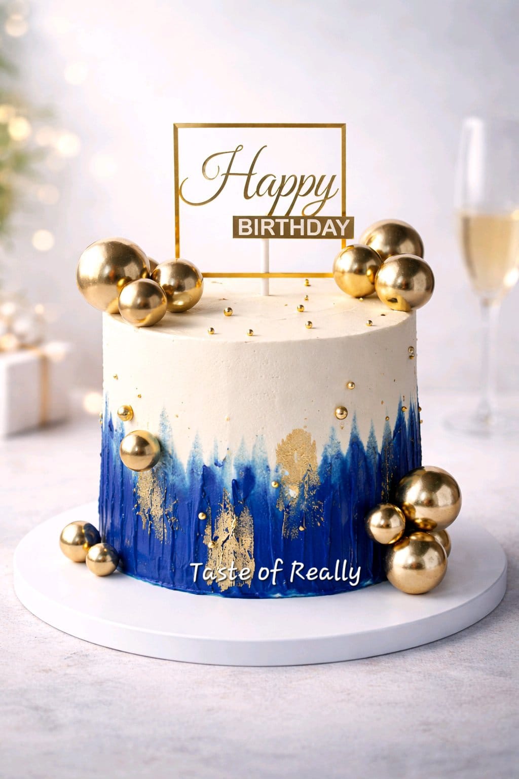 Elegant Blue & Gold Birthday Cake